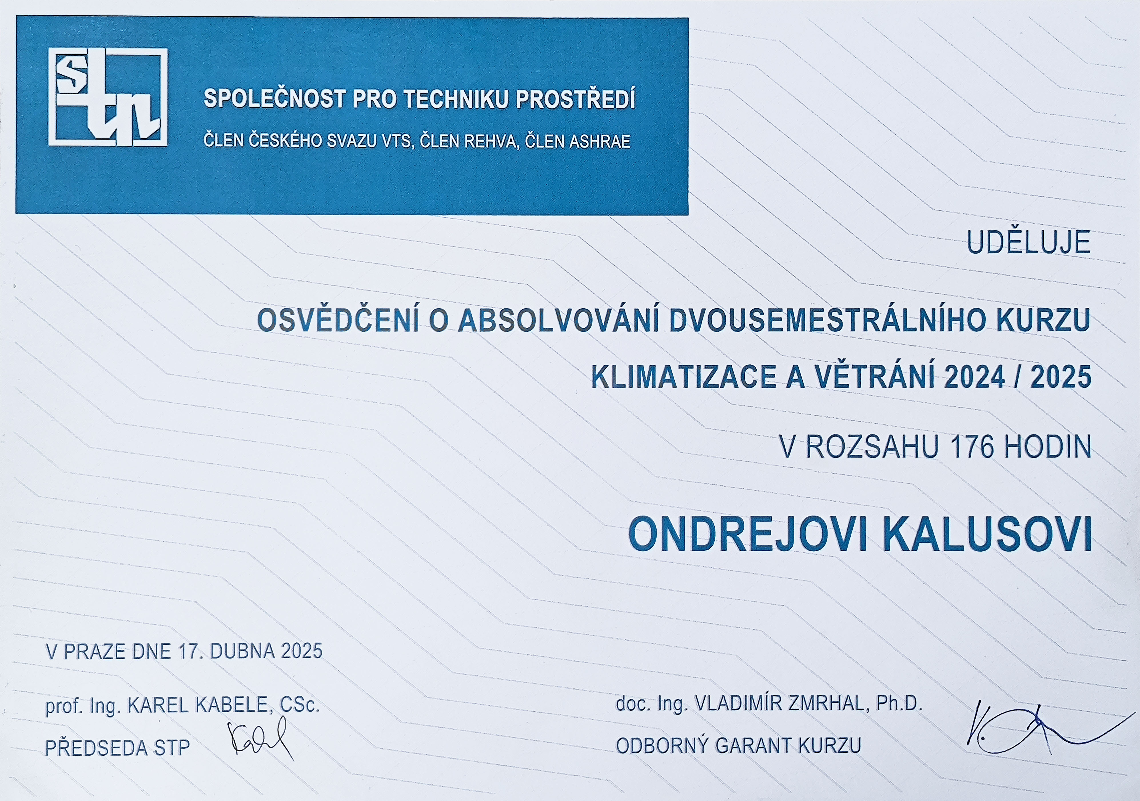 Certifikát ČVUT VaK